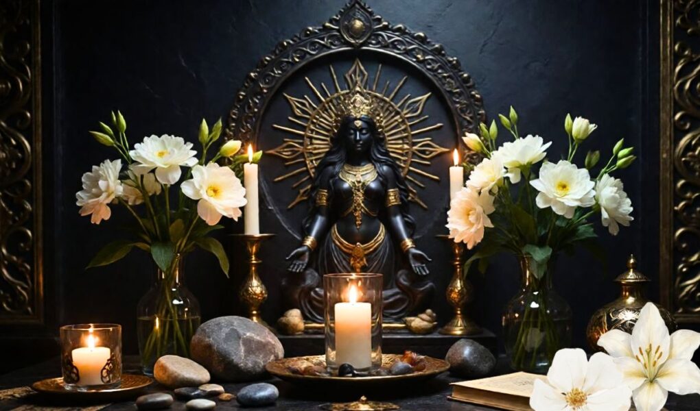 Altar básico para diosas femeninas con vela, flores, piedras y símbolo de una diosa