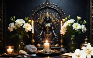 Altar básico para diosas femeninas con vela, flores, piedras y símbolo de una diosa
