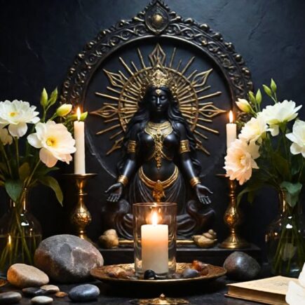 Altar básico para diosas femeninas con vela, flores, piedras y símbolo de una diosa