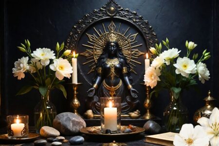 Altar básico para diosas femeninas con vela, flores, piedras y símbolo de una diosa