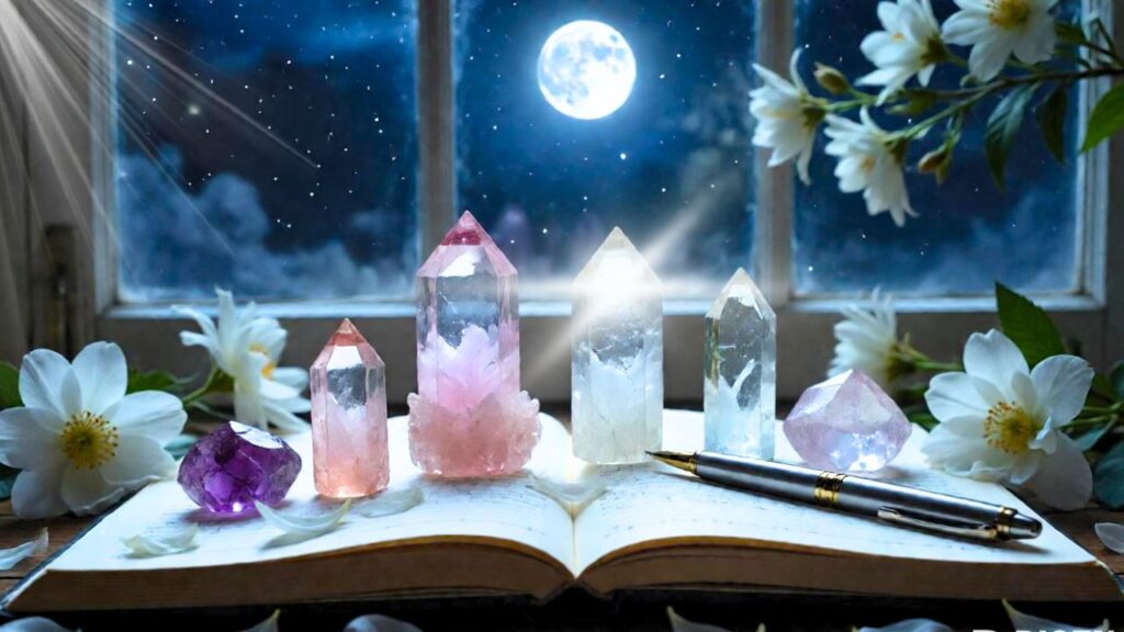 Cristales y cuaderno de intenciones para ritual de baño de luna