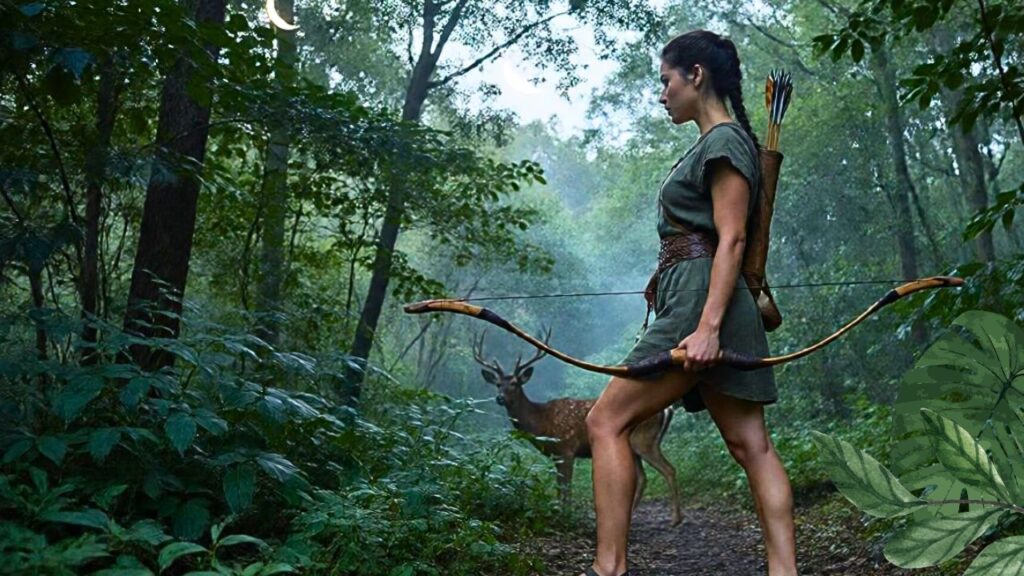 Diosa Artemisa con arco y flechas en un bosque iluminado por la luna