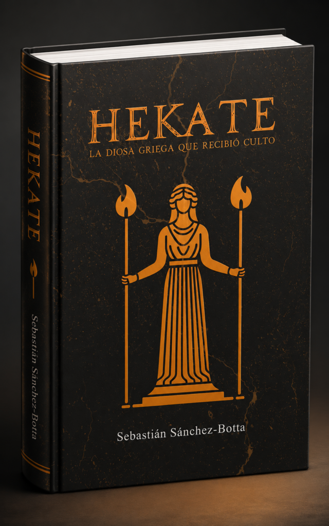 ebook Hekate la diosa griega que recibió culto com capa preta e dourada mostrando a deusa Hécate segurando tochas em estilo místico
