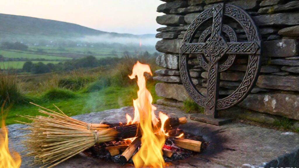 Llama sagrada de Brigid ardiendo sobre altar de piedra junto a cruz de juncos celta
