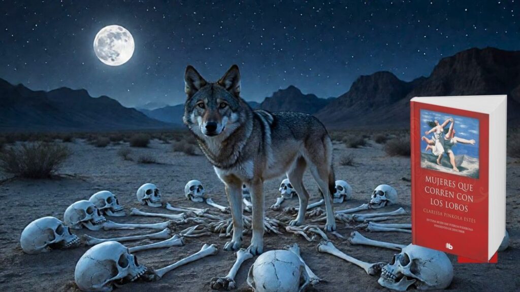 Loba bajo la luna llena en el desierto, símbolo de la Mujer Salvaje