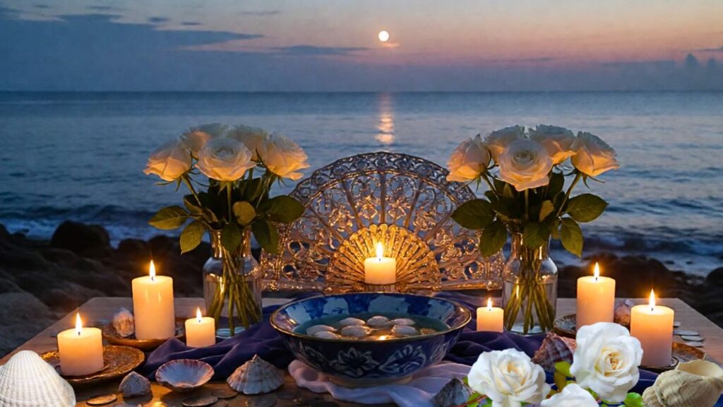 Ofrendas y velas en altar dedicado a Yemayá frente al mar al anochecer