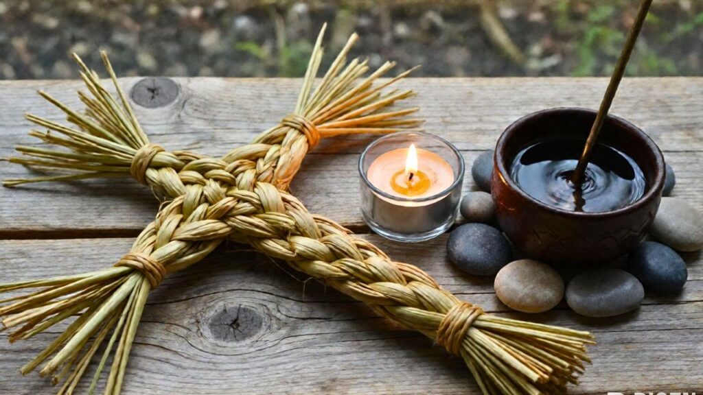 Símbolos de la diosa Brigid: cruz de juncos, vela sagrada y cuenco de agua de manantial