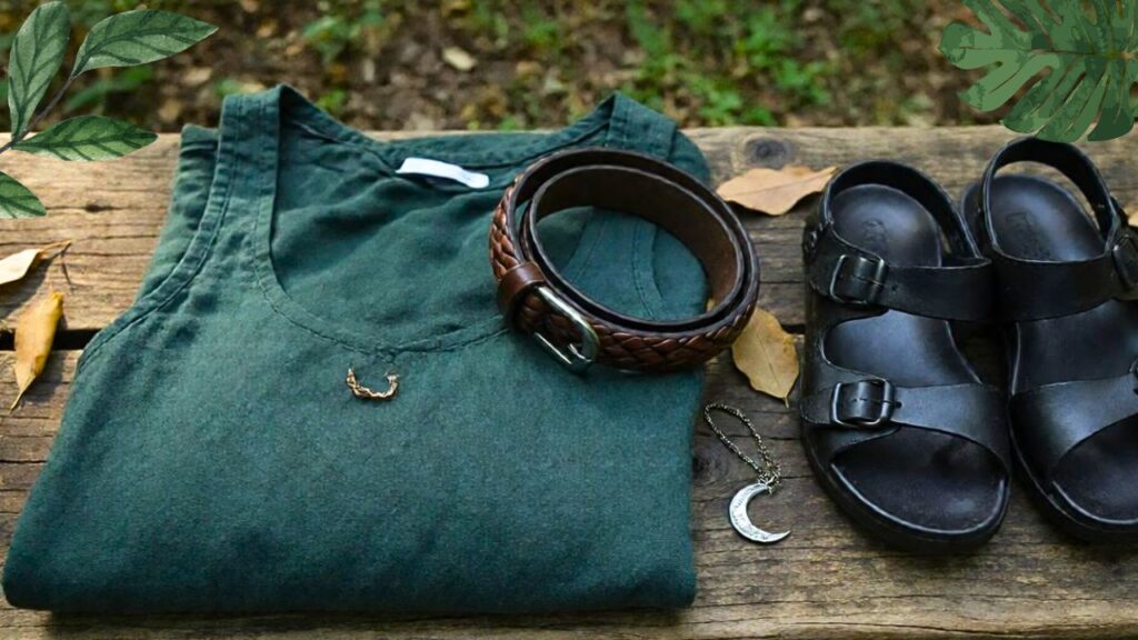 Túnica verde, sandalias y colgante de luna inspirados en Artemisa