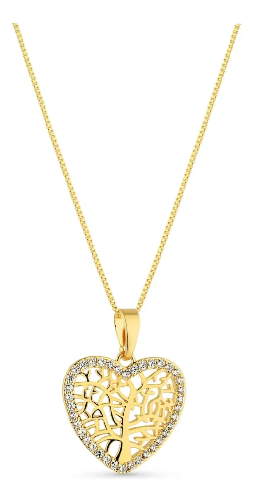 Collar de corazón con Árbol de la Vida, semijoya bañada en oro de 18k.